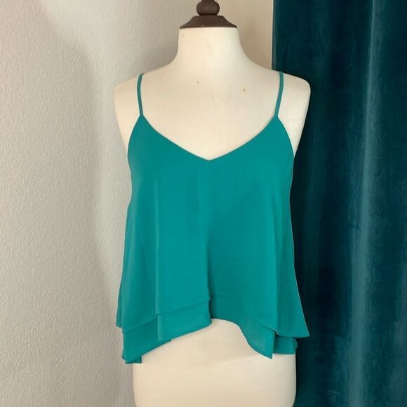 BP teal green spaghetti strap cropped tank top | layered ruffle hem | size XS - Picture 2 of 7